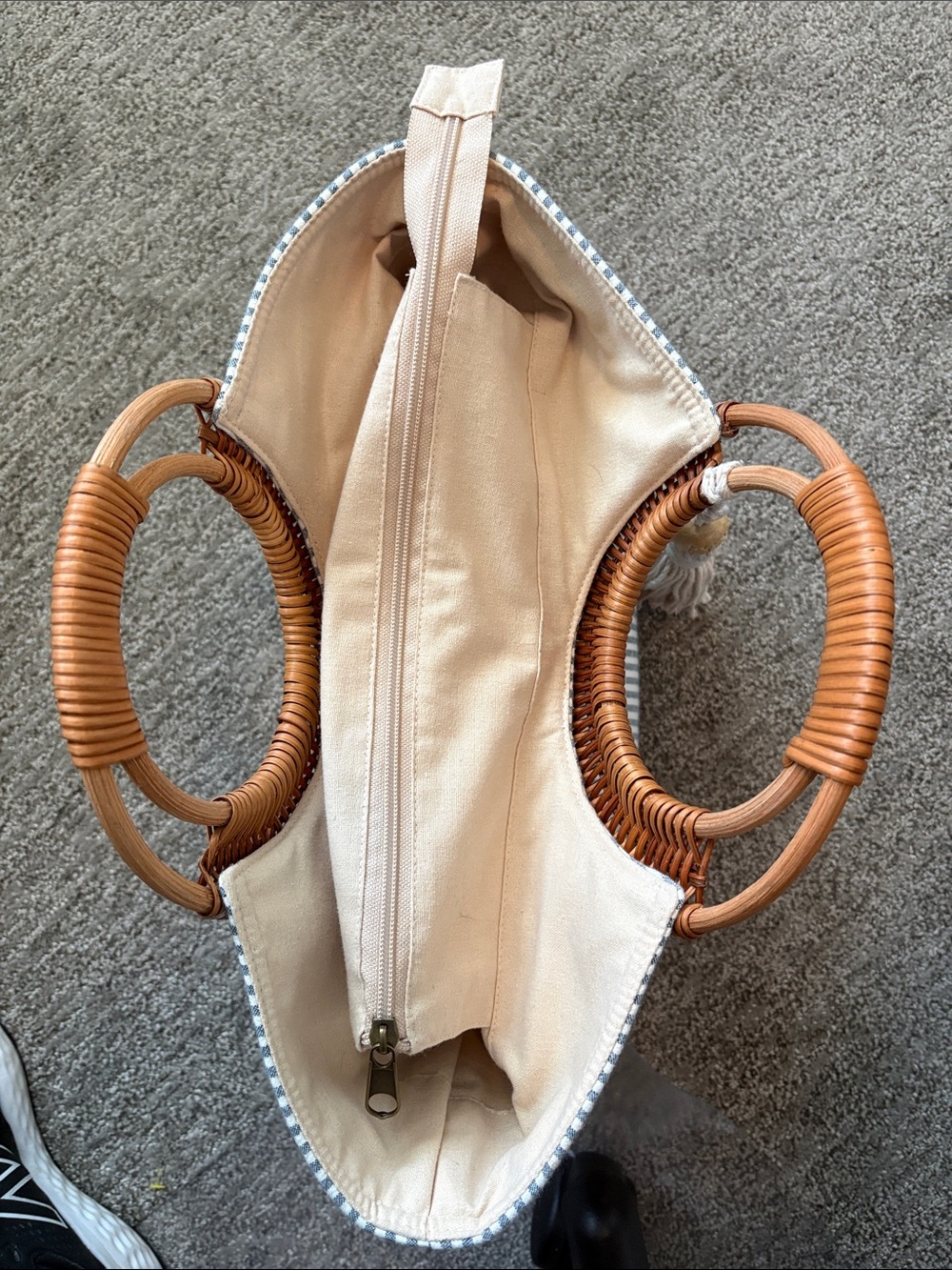 Straw Studios, Striped Canvas and Rattan Tote Bag with Tassel - Blue/White - Picture 6 of 9